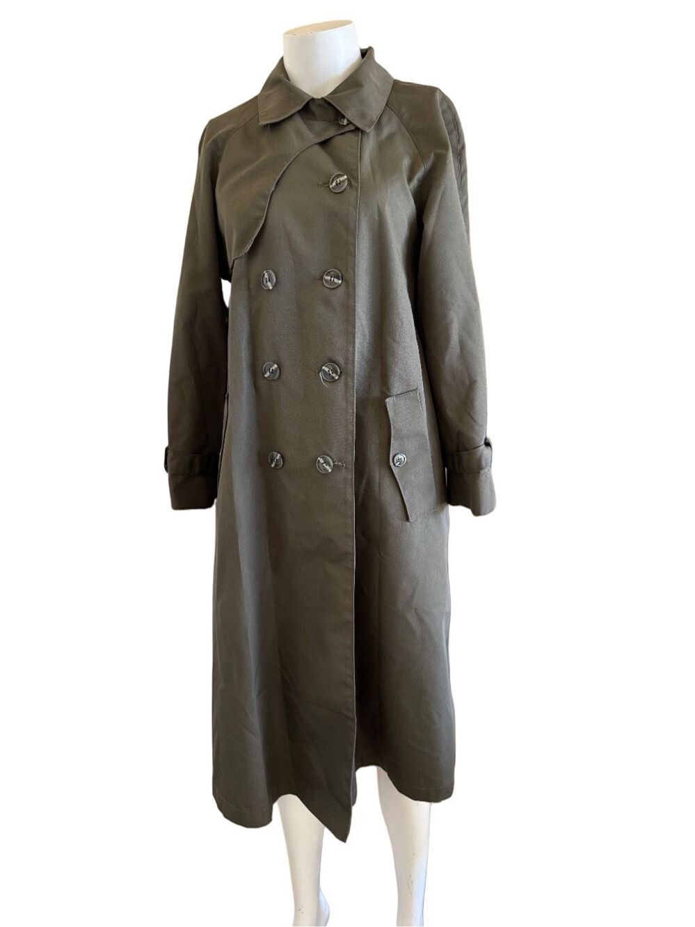 Sears vintage women’s M olive tan trench coat 70’s long full length double butto